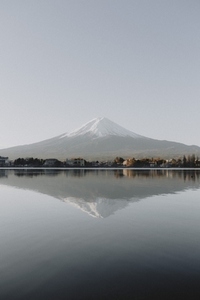 Scenic sunny view Mount Fuji reflection in lake