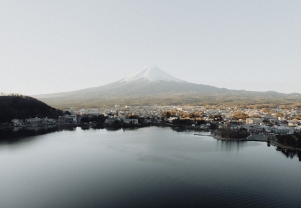 Scenic view Mount Fuji over city and lake