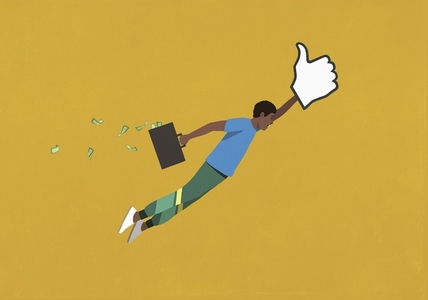 Man with briefcase holding onto flying social media thumbs up icon