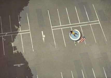 Aerial view woman relaxing in inflatable swimming pool in parking lot