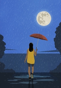 Woman with umbrella standing in rain at lake with view of full moon