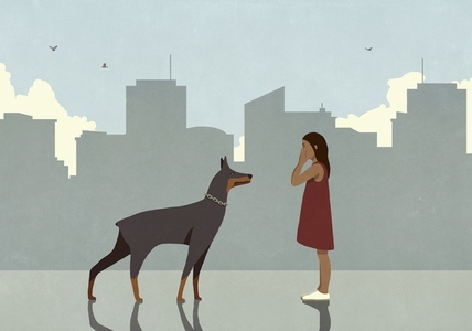 Afraid girl and Doberman Pinscher dog face to face on city sidewalk