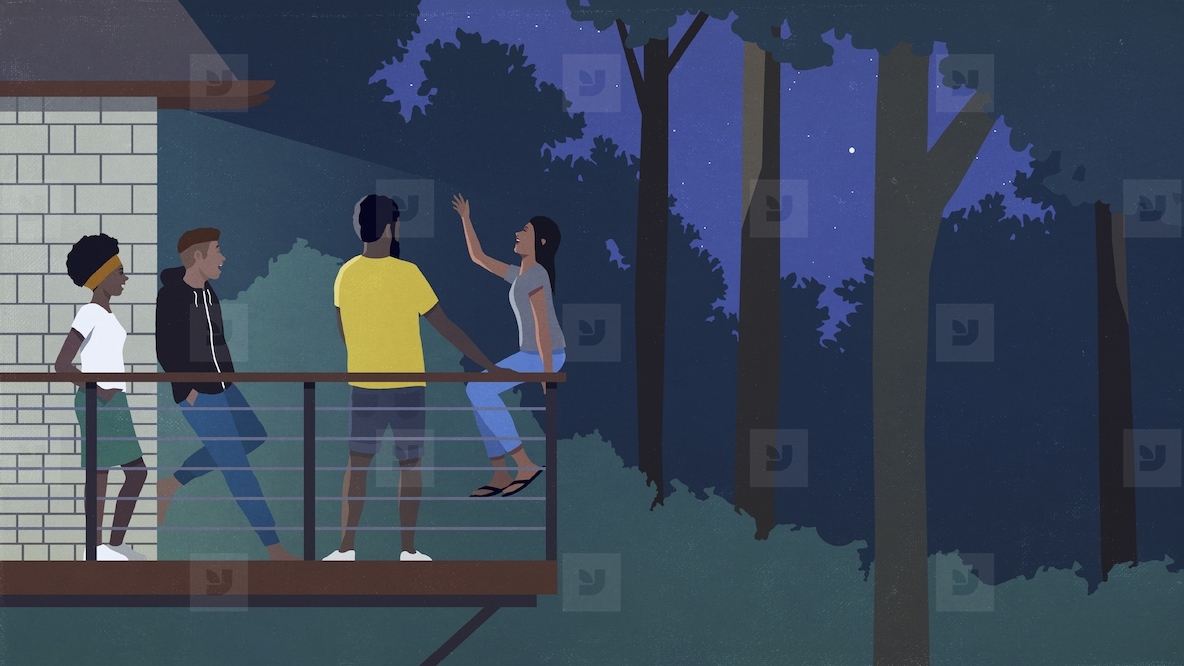 Friends talking on balcony in woods at night stock photo (262148) -  YouWorkForThem