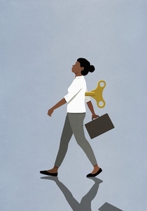 Windup businesswoman walking with briefcase on blue background