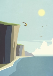 Woman diving off cliff into idyllic summer ocean