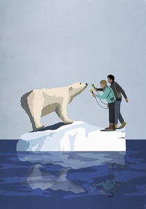 News reporters interviewing polar bear on melting iceberg