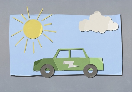 Paper green electric vehicle under sun and cloud