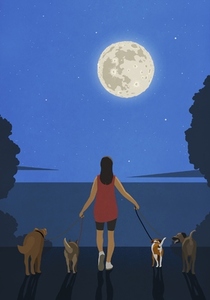 Woman with dogs standing at lakeside with scenic full moon view at night