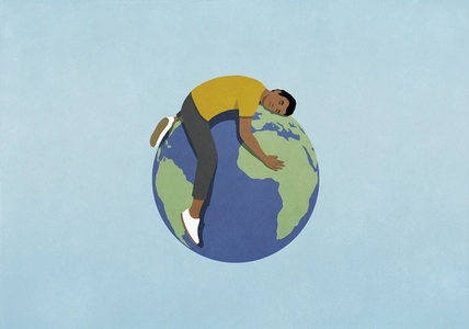 Man sleeping on top of globe