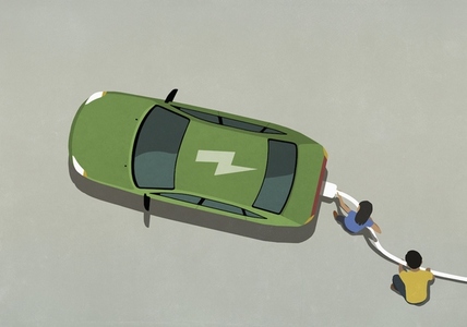 View from above couple charging electric vehicle