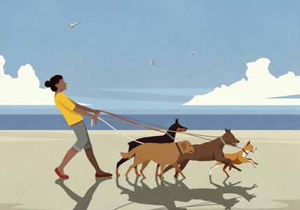 Woman walking dogs on leashes on sunny summer ocean beach