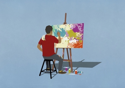 Man painting at easel and canvas