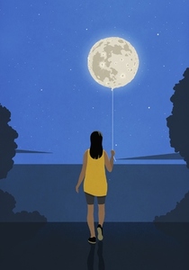 Woman holding full moon on string over tranquil lake at night