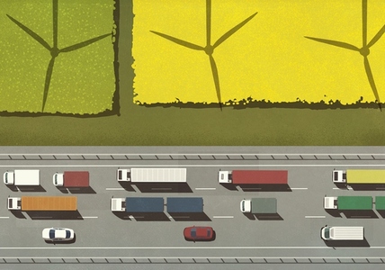 View from above shadows of wind turbines above trucks and cars on freeway
