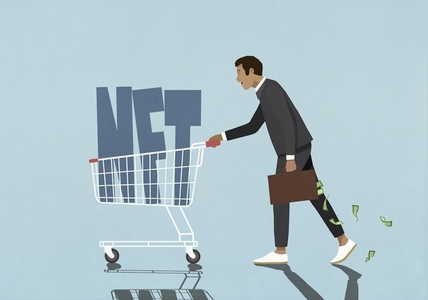 Businessman investor with money briefcase pushing NFT text in shopping cart