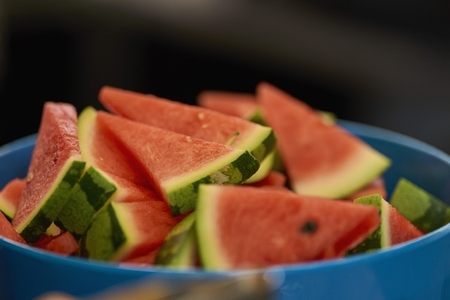 Close up juicy fresh watermelon slices in bowl