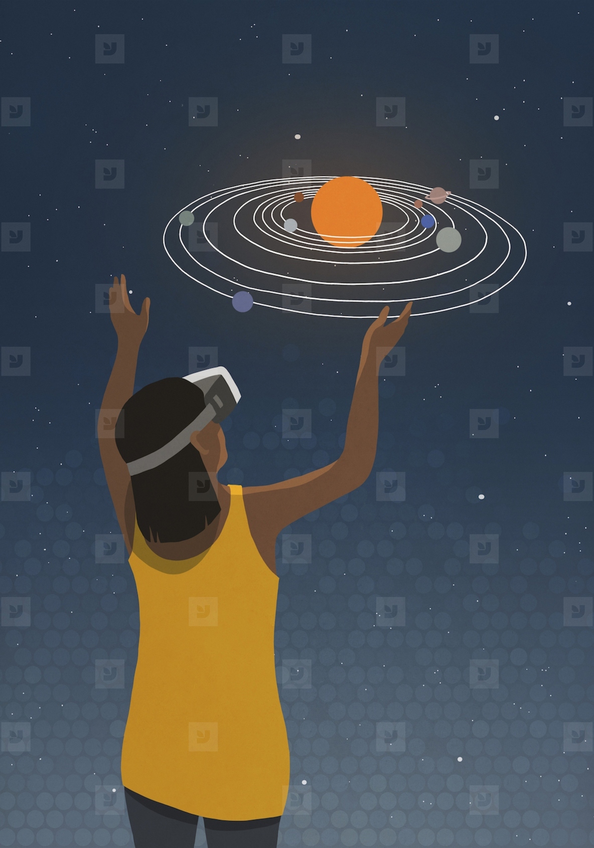 Curious woman in VR headset looking at solar system