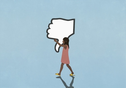 Girl walking and carrying social media dislike button on blue background