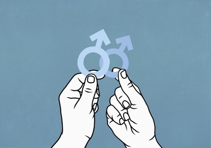 Hands holding blue male symbols