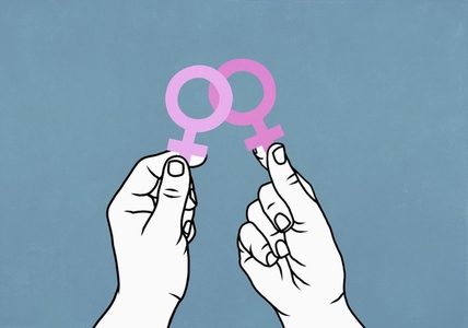 Hands holding pink female symbols