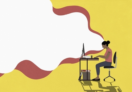 Cloud emitting from woman using computer at desk