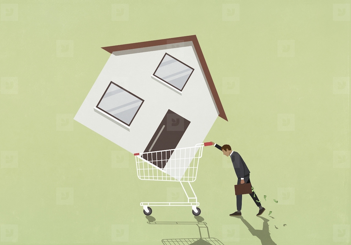 Male investor with money briefcase pushing shopping cart with large house