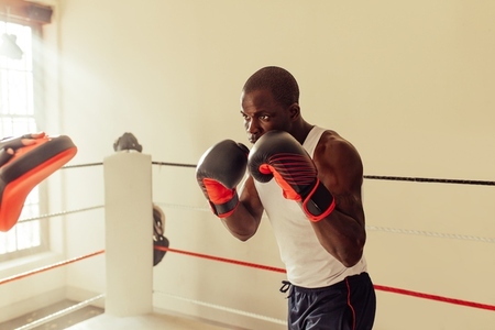 Focused young boxer practicing with focus pads in a gym