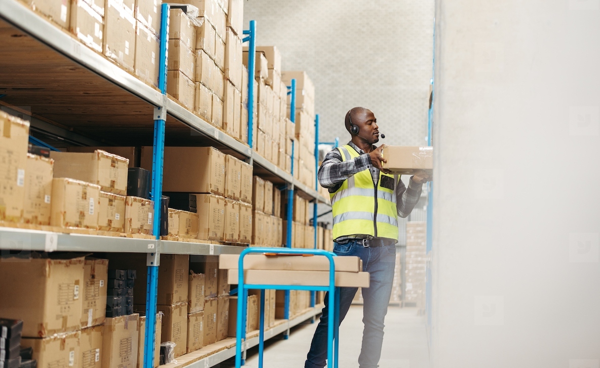 Warehouse picker pulling a flat box from a shelf with a headset on