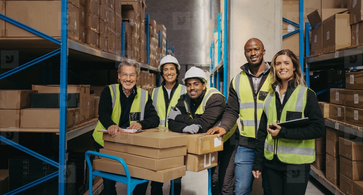 Portrait of a happy warehouse team smiling at the camera