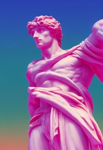 Greek god sculpture in retrowave city pop design  vaporwave styl