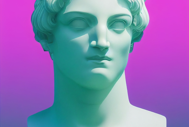 Greek god sculpture in retrowave city pop design, vaporwave styl