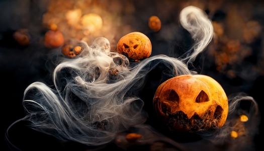 Halloween pumpkin horror and smoke in dark background  creepy an