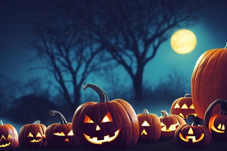 Happy halloween  pumpkins in the dark night creepy trees with mo