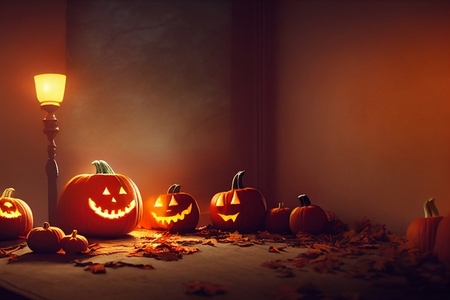 Happy halloween  pumpkins and autumn leaves with light lamp for