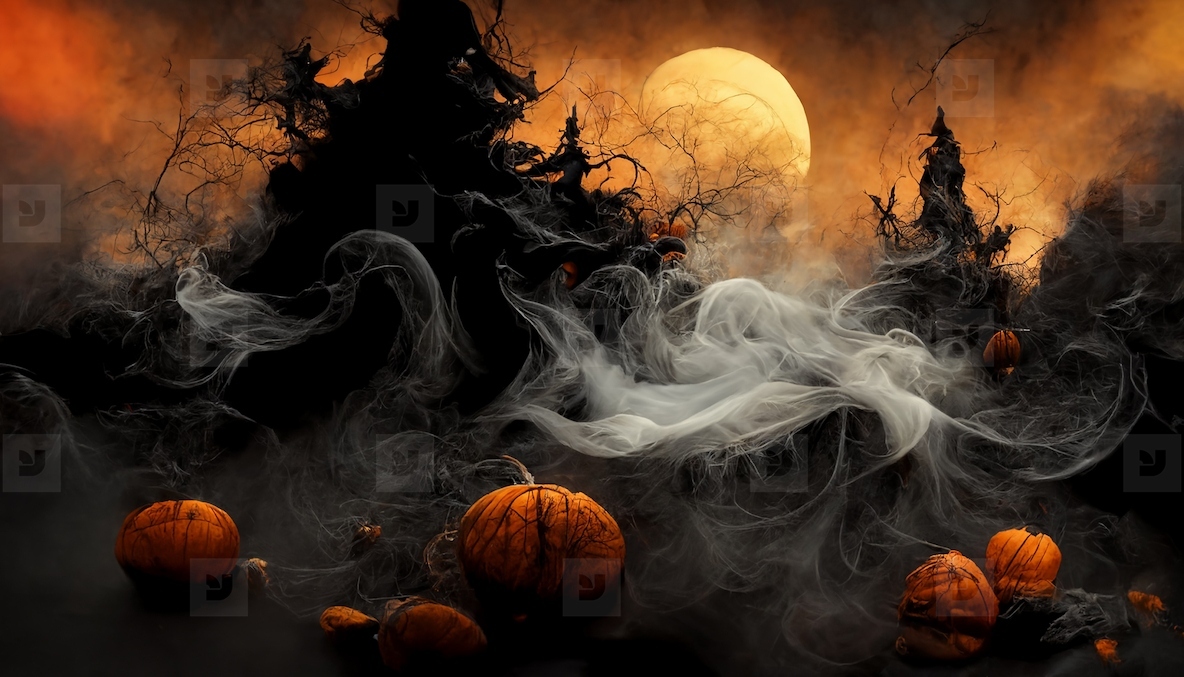 Halloween pumpkin horror and smoke in dark background, creepy an