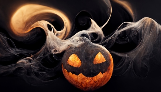 Halloween pumpkin horror and smoke in dark background  creepy an