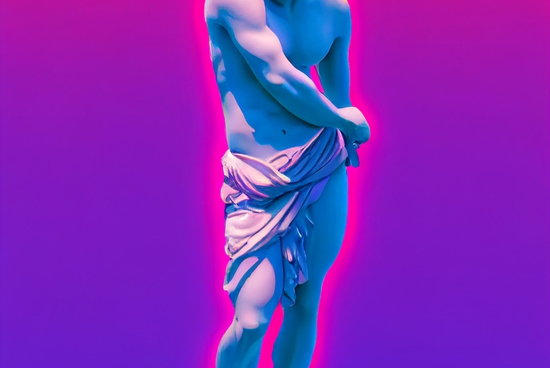 Abstract greek god sculpture in retrowave city pop design, vapor