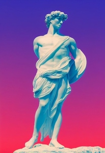 Abstract greek god sculpture in retrowave city pop design  vapor