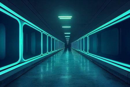 Abstract sci fi futuristic hallway dark room in space station wi