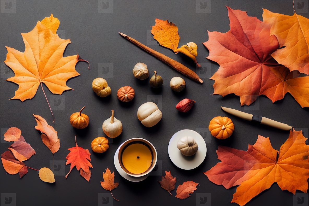 Top view of autumn pumpkins and dried leaves with chestnut in fl