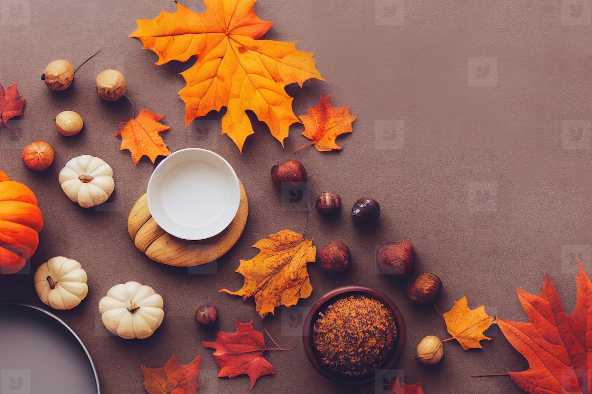 Top view of autumn flat lay, pumpkins and dried leaves harvest a