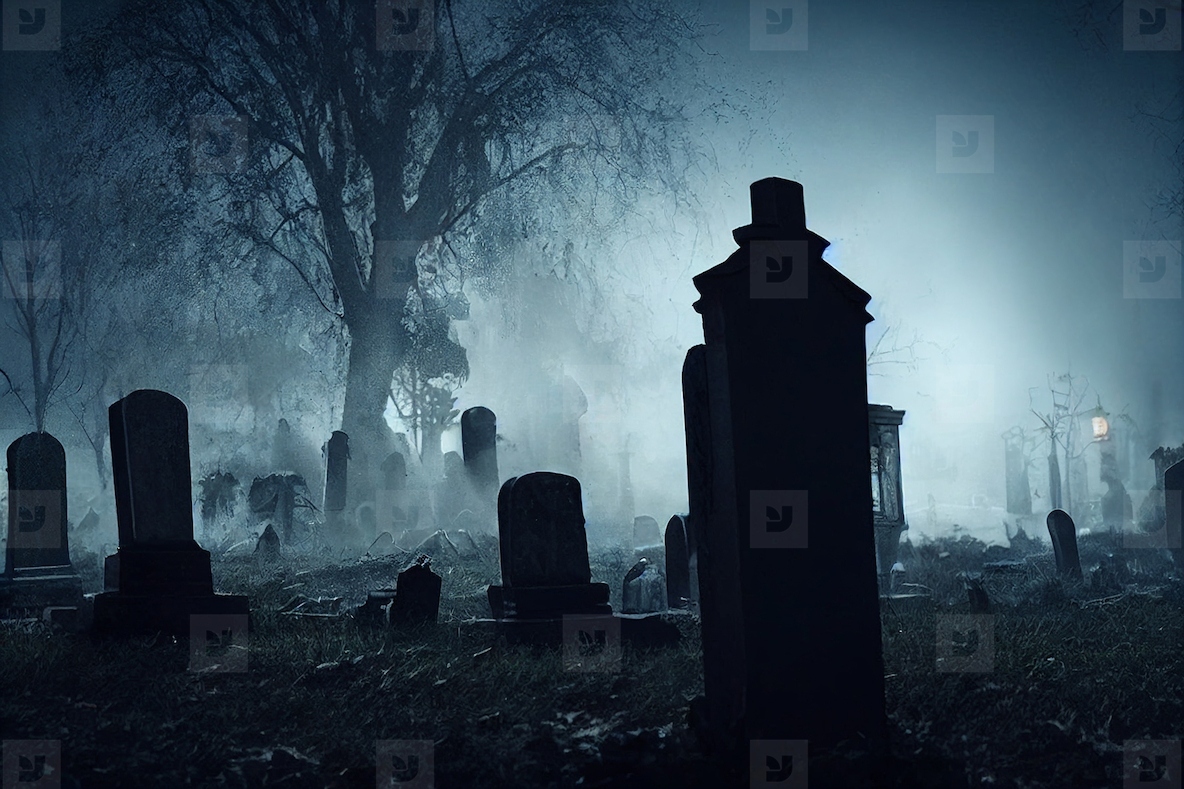 Halloween horror night in dark tombstones background, creepy and