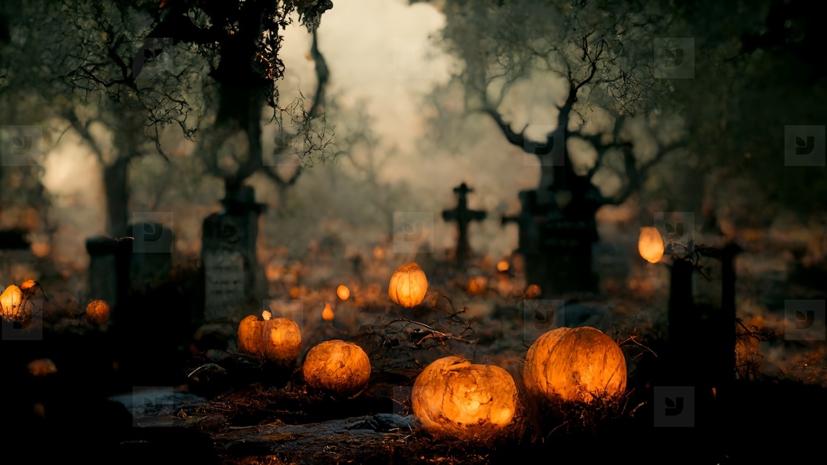 Halloween pumpkin horror in tombstones background, creepy and sc