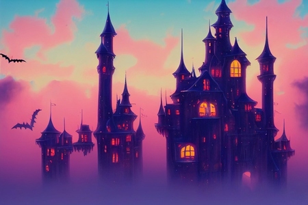 Happy halloween horror with dark gothic castle and bat backgroun