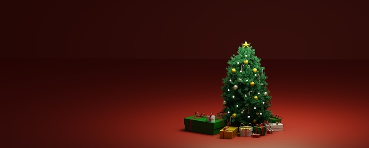 Christmas tree on a red background  Fir tree with toys and gift boxes  3d illustration  3d render