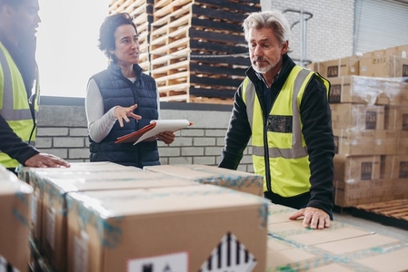 Logistics manager discussing with her team in a warehouse
