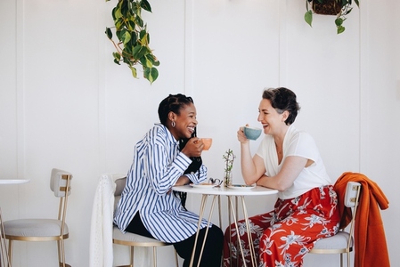 Cheerful businesswomen having coffee together in an office cafe