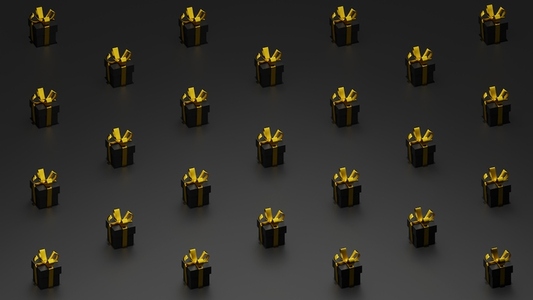 Many black gift boxes with gold ribbon  3d render  3d illustration