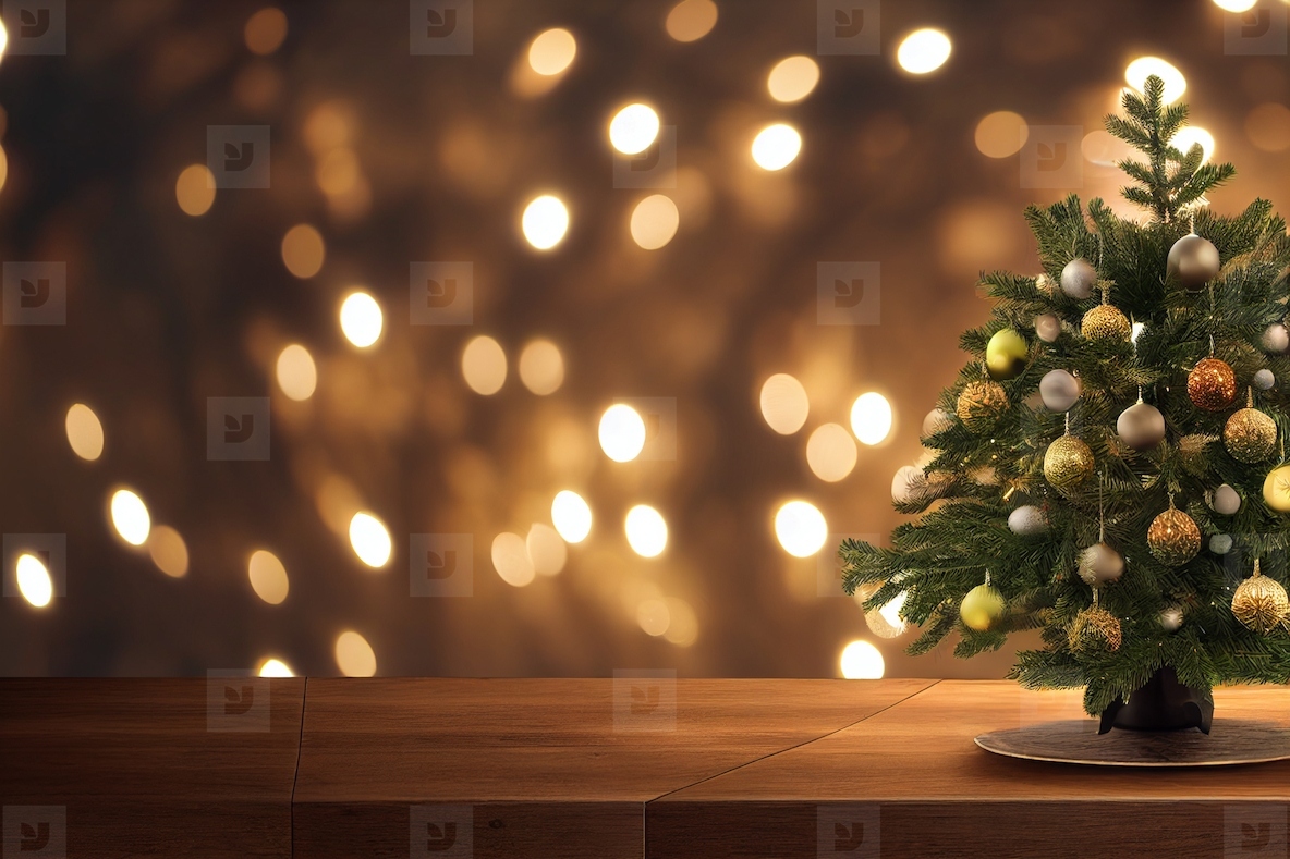 Christmas tree on empty wooden desk table with copy space over c