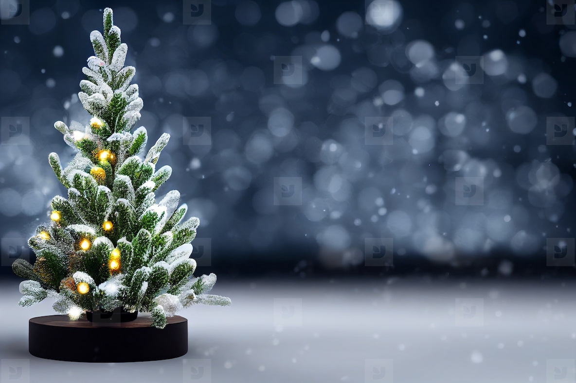 Christmas tree with snow and copy space over snowfall bokeh blur